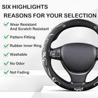 White Embroidery Butterfly Car Steering Wheel Cover,14.5-15 Inch Universal Leather Covers Breathable Anti-Slip Odorless Steer