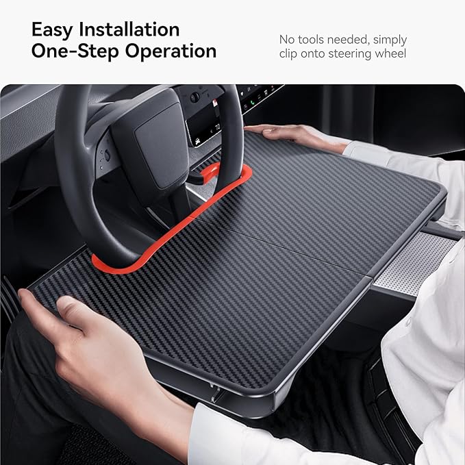 YONZEE 2-in-1 Car Steering Wheel Desk Tray & Car Seat Gap Filler Organizer – Foldable Carbon Fiber Look Table for Laptop, Eating, Writing – for Standard Round Steering Wheels