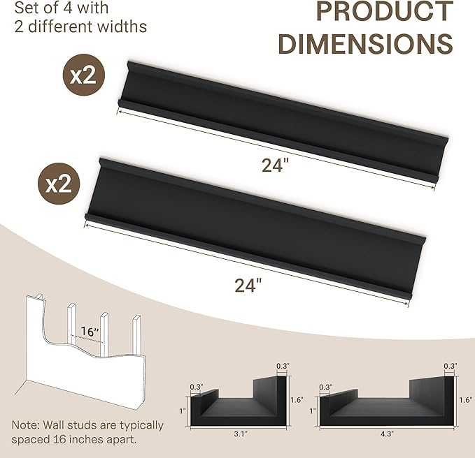 Fun Memories Picture Ledge Shelf - 24 Inches Floating Shelves Set of 4 - Floating Shelves with Lip for Storage - Wood Bookshe