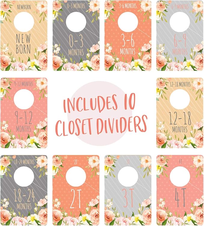 Floral Closet Clothing Size Dividers/Closet Organizer For Baby Girl Clothes Newborn To 4T / 10 Baby Closet Size Dividers