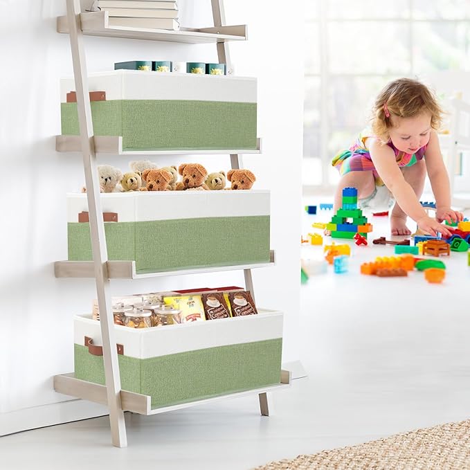 3 Pack Large Capacity Storage Bins Closet Organizer for Shelves, Fabric Closet Storage Baskets Boxes with Leather Handles for