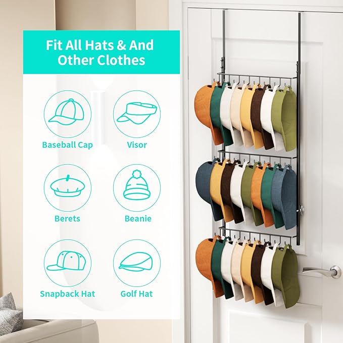 HapiRm Over Door Hat Rack - 3 Tier Wall Mounted Hat Organizer with 24 Hooks, Baseball Cap Organizer Storage Holds up to 24 Ca