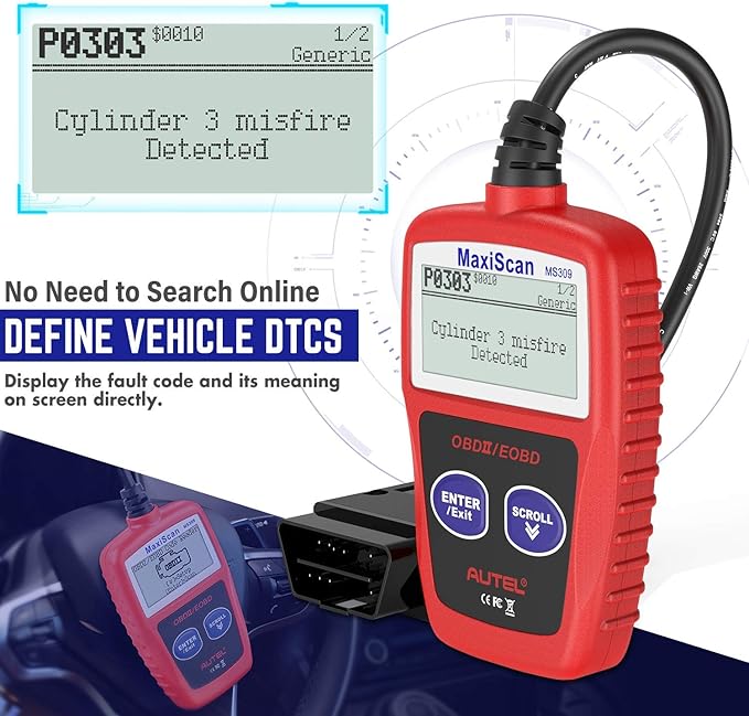 Autel OBD2 Scanner MS309 Universal Car Engine Fault Code Reader, Check Engine Light and Emission Monitor Status, OBDII CAN