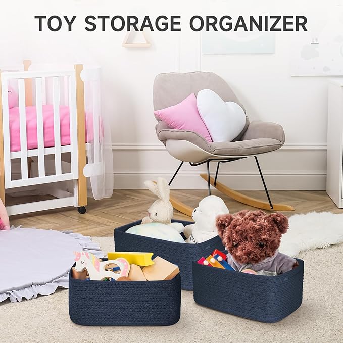 3-Pcs Shelf Baskets for Organizing, Closet Organizer Bins, Small Woven Baskets, Rope Toy Basket, Storage Basket for Shelves, 