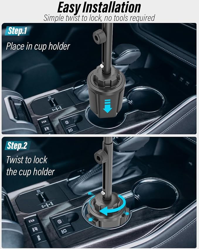 Aluminum Cup Holder Car Tablet Mount - [16" Height Adjustable] [Thick Case Friendly] Heavy Duty Truck Tablet Holder for Car Mount Accessories, for iPad Pro Air Mini, iPhone, Galaxy Tab, 6-15.6 Devices