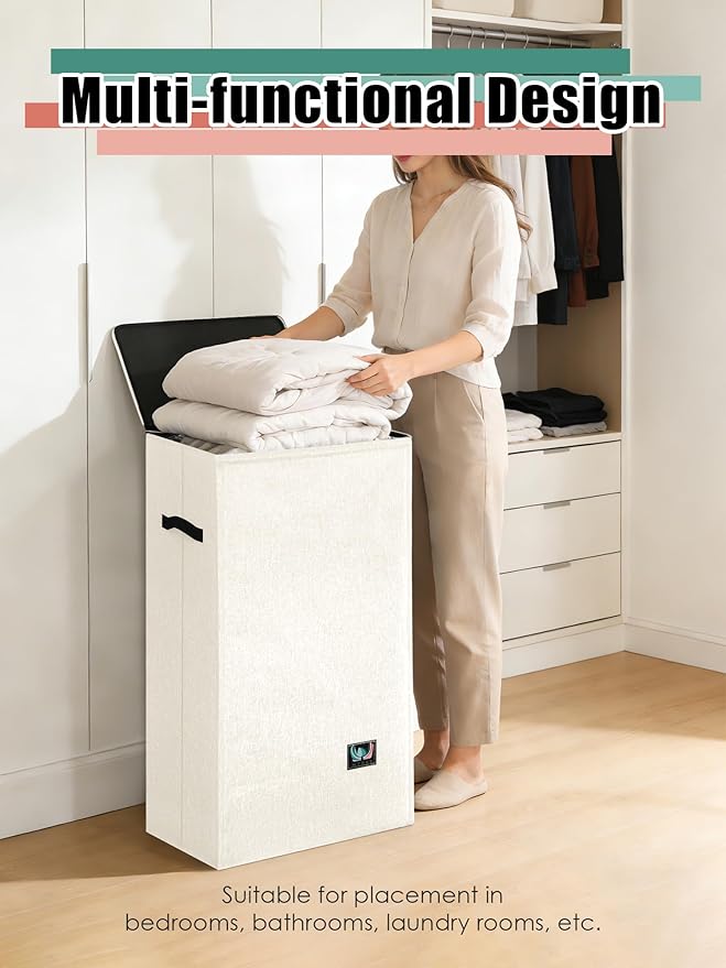 WTREE Laundry Hamper with Lid, Reinforced Sturdy Clothes Hamper with Anti-Puncture Base, Large Collapsible Laundry Basket wit