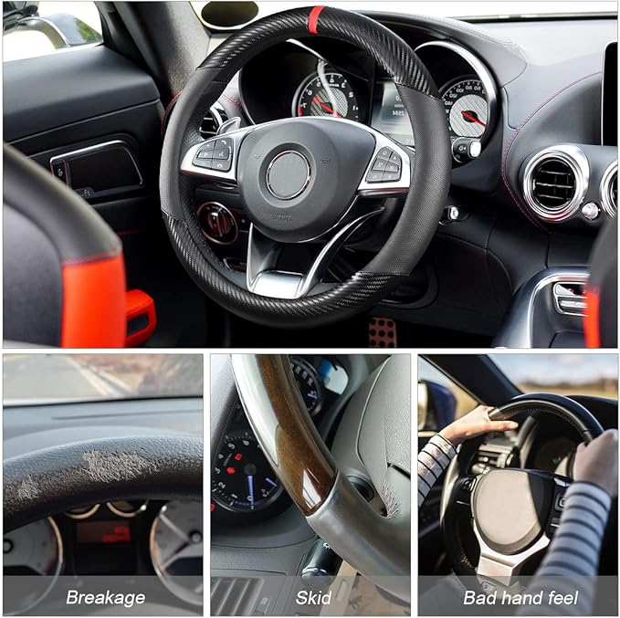 Moly Magnolia Carbon Fiber Steering Wheel Cover, Universal 15 inch Breathable Anti Slip, Black, Leather & Carbon Fiber, Truck