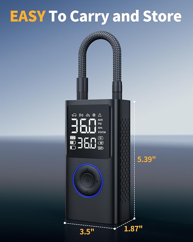 Tire Inflator Portable Air Compressor, 150 PSI Cordless Bike Pump, Air Pump for Auto, Motorcycle, Bicycle, Balls with Pressure Gauge, LED Light & Car Accessories, Blue, Standard Capacity
