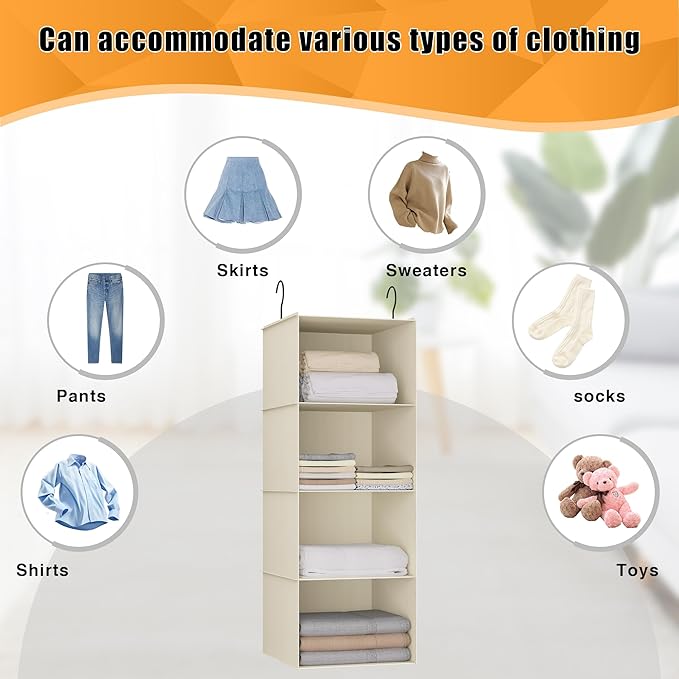 Hanging Closet Organizer, Easy Mount Foldable 4-Shelf Hanging Closet Wardrobe Storage Shelves, Clothes Handbag Shoes Accessor