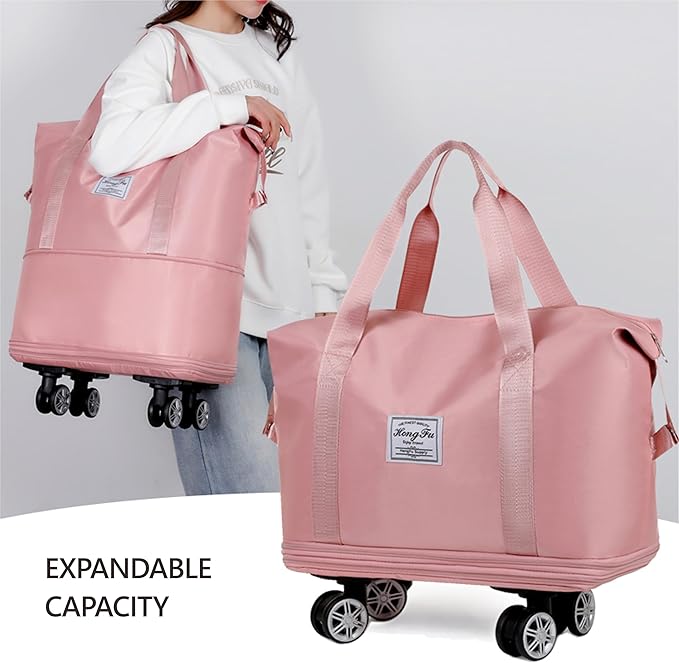 Expandable Foldable Duffel Bag with Detachable Rolling Wheels, Large Carry-On Luggage for Travel, Gym, Camping, Shopping, Business Trip (Pink)