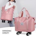 Expandable Foldable Duffel Bag with Detachable Rolling Wheels, Large Carry-On Luggage for Travel, Gym, Camping, Shopping, Business Trip (Pink)