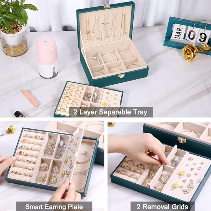 Voova Jewelry Box Organizer for Women Girls, 2 Layer Large Men Jewelry Storage Case, PU Leather Display Jewellery Holder with