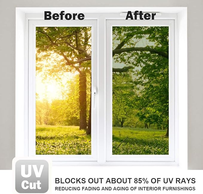 WPCTEV Window Film One Way Mirror Film Daytime Privacy Static Non-Adhesive Decorative Heat Control Anti UV Window Tint for Home and Office, Green Silver 35.4 Inch x 6.5 Feet