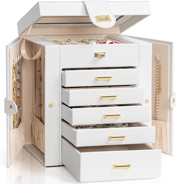 AKOZLIN Functional 6-Tier Jewelry Box Organizer with 5 Drawers Leather Jewelry Storage Case for Women Girls Ring Necklace Ear