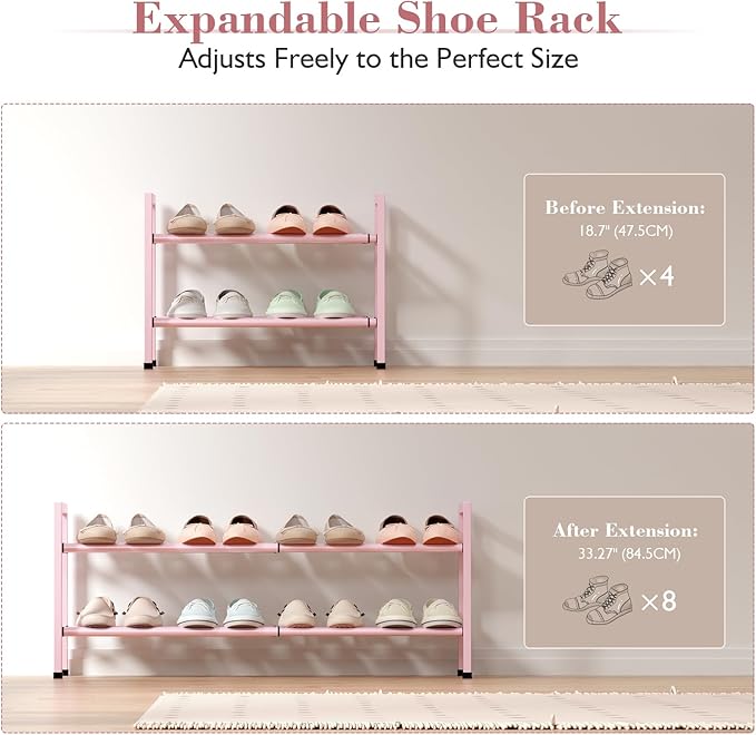 Bumusty 2-Tier Expandable Shoe Rack for Closet, 18“-33” Adjustable Shoe Rack for Small Space, Small Shoe Organizer for Front 