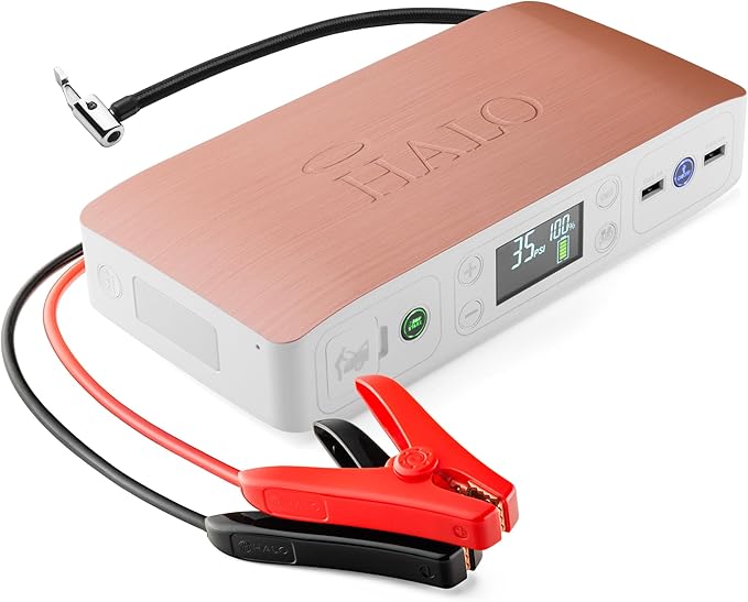 HALO Bolt Air 58830 Portable Car Battery Jump Starter | 100 PSI Air Compressor, 58.8Wh USB Power Bank, Emergency Floodlight