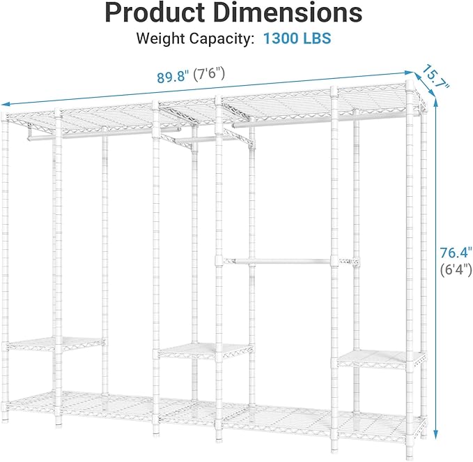 VIPEK V50 White Closet Rack, Extra Large Heavy-Duty Freestanding Wardrobe with Adjustable Shelves for Bedroom, Apartment, Wal