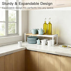 Expandable Cabinet Shelf Organizer & Spice Rack, Stackable Kitchen Counter Riser with Anti-Slip Legs, Bamboo Cupboard Storage