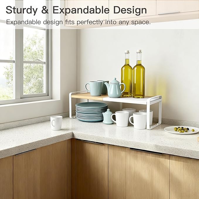 Expandable Cabinet Shelf Organizer & Spice Rack, Stackable Kitchen Counter Riser with Anti-Slip Legs, Bamboo Cupboard Storage