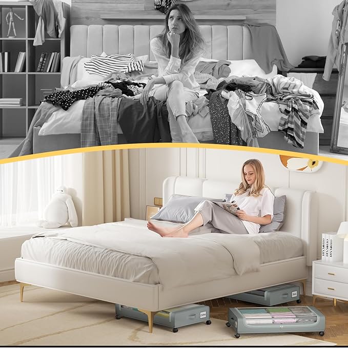 Under Bed Storage Containers with Clear Lid, Large Under Bed Storage with Wheels,6.22"H Under Bed Containers Rolling Under Be