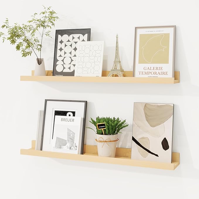 Picture Ledge Shelf, Solid Pine Wood Floating Shelves Set of 2, 24 Inches Nursery Book Shelves for Toys Storage, Kids Bookshe