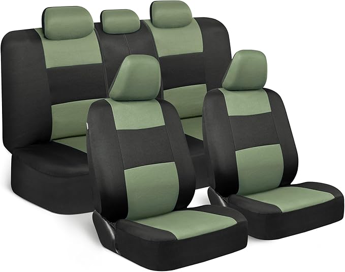 BDK PolyPro Car Seat Covers Full Set in Green on Black, Front and Rear Split Bench Seat Covers for Cars, Easy to Install Car 