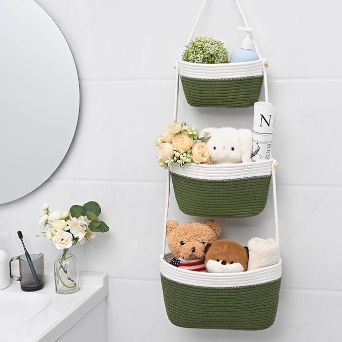 Hanging Storage Baskets, Over the Door Basket, Cotton Wall Baskets Storage, Hanging Door Basket with 4 Hooks