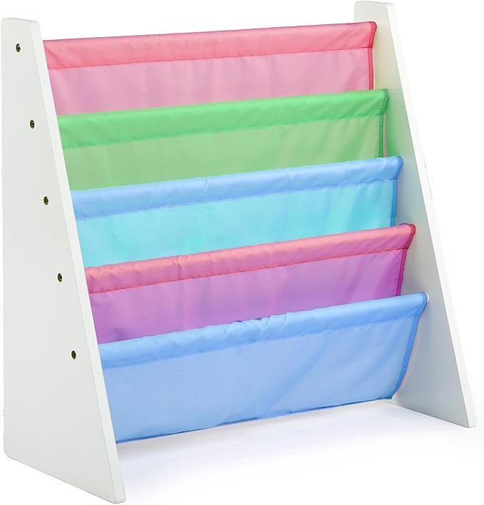 Humble Crew 4-Tier Kids Bookshelf, White Wood/Pastels - Premium Book Shelf for Kids Rooms with Four Deep Pockets - Toddler Sl