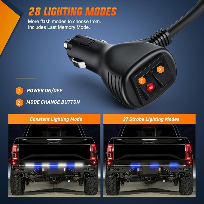 Nilight 60 Inch Truck Tailgate Strobe Light Strip Tail Emergency Bar Rear Window Warning Lamp Ultra-Bright Double Row 360 LED for Pickup Trailers Construction Vehicles Car SUV, Blue White
