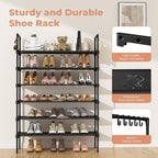 LANTEFUL 6 Tier Shoe Rack for Closet Shoe Organizer with 5 Hooks, Long Shoe Shelf Storage for Shoe and Boot Stackable Free St