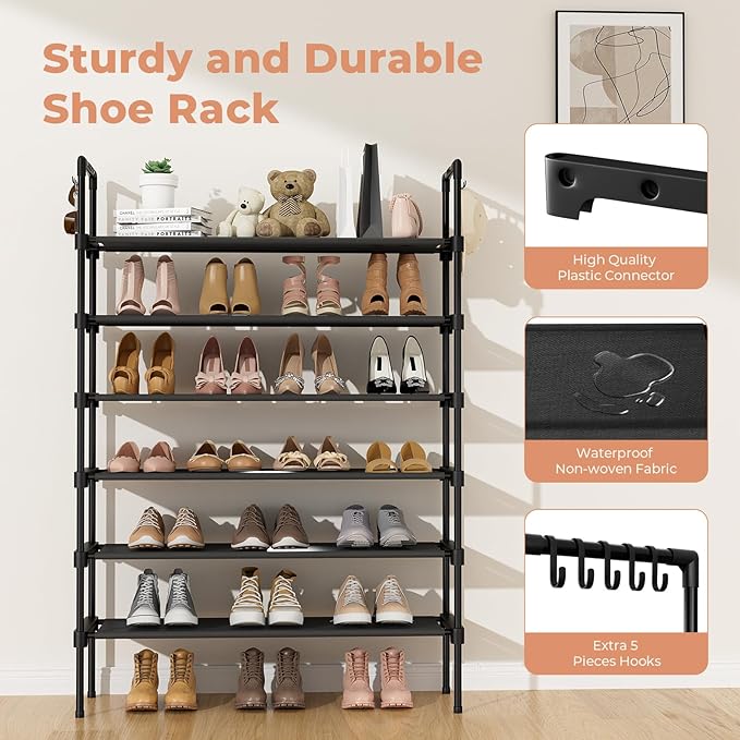 LANTEFUL 6 Tier Shoe Rack for Closet Shoe Organizer with 5 Hooks, Long Shoe Shelf Storage for Shoe and Boot Stackable Free St