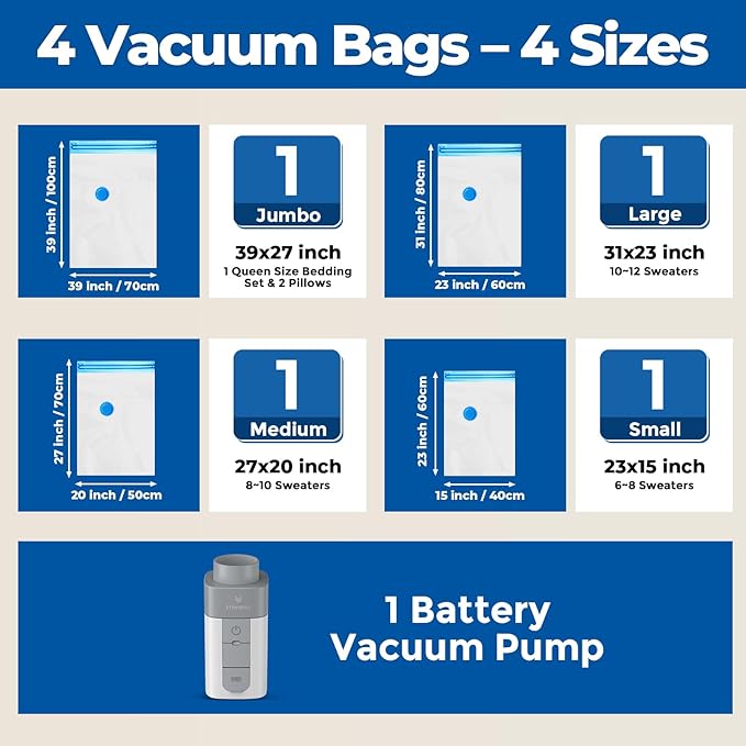 ETENWOLF 4 Pack Vacuum Storage Bags with Rechargeable Wireless Pump, Vacuum Seal Bags for Clothes and Travel, Space Saver Bag