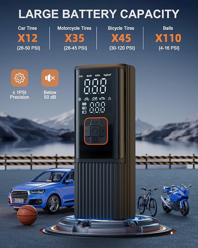 Tire Inflator Portable Air Compressor, 6X Faster 180 PSI Portable Air Compressor, Electric Air Pump for Car Tires with Pressure Gauge-Portable Tire Inflator for Car, Moto, Bicycle, Balls and More