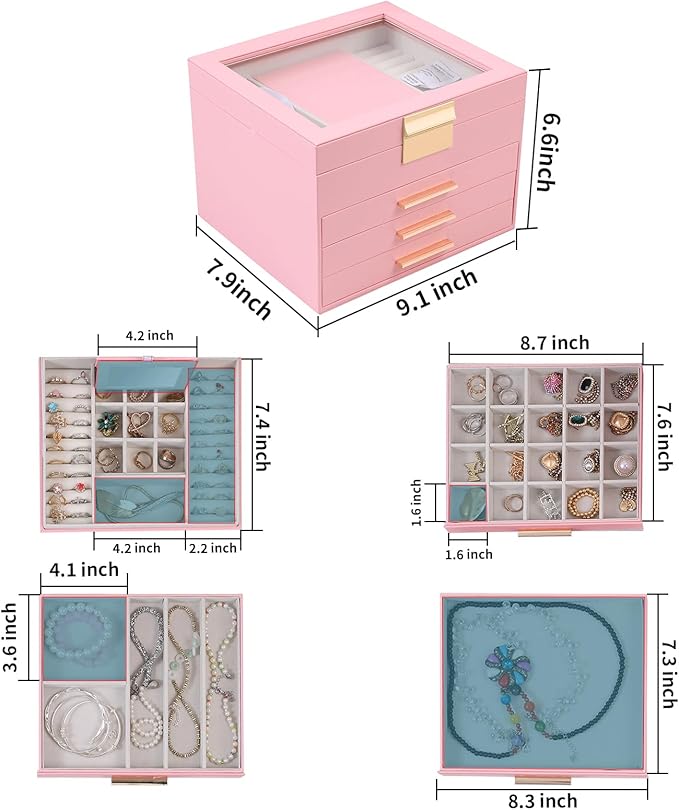 BOOVO Clear Lid Jewelry Box,4 Layers Jewelry Organizer Large Jewelry Storage Box with 3 Drawers,Jewelry Holder Organzier of R