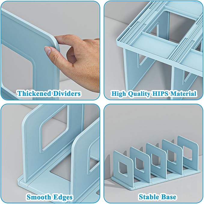 SAYEEC Desk File Sorter Vertical Desktop File Folder Organizer 4 Section Plastic Book Holder Adjustable Shelf Dividers Closet