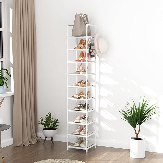 LANTEFUL Tall Narrow Shoe Rack 10-Tier Skinny Shoe Shelf Storage for 10-15 Pairs Shoes and Boots, Space Saving Corner Shoe Ra