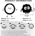 Car Headrest Pillow & Steering Wheel Cover Set with Cute Big-Eyed Furball Travel Neck Support Pillow Fur Car Interior Accessory (Black 3Pcs Set)