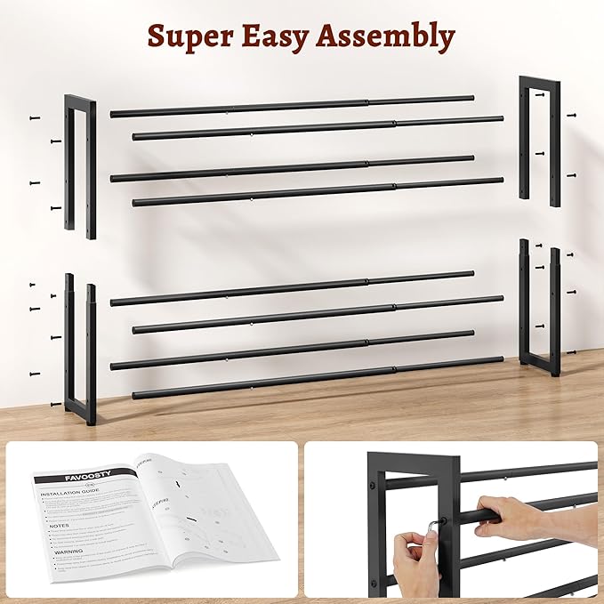 FAVOOSTY 4-Tier Expandable Shoe Rack, Adjustable Shoe Shelf Storage Organizer Space Saving Metal Free Standing Shoe Rack for 
