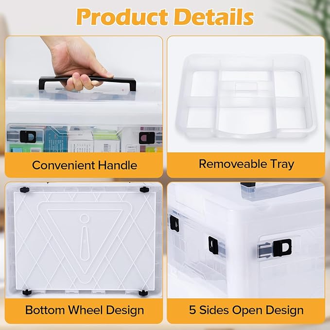 Gifhomfix Extra Large Medicine Storage Box with Handles, First Aid Box Clear Medical Supply Organizer with Removable Tray, Mu