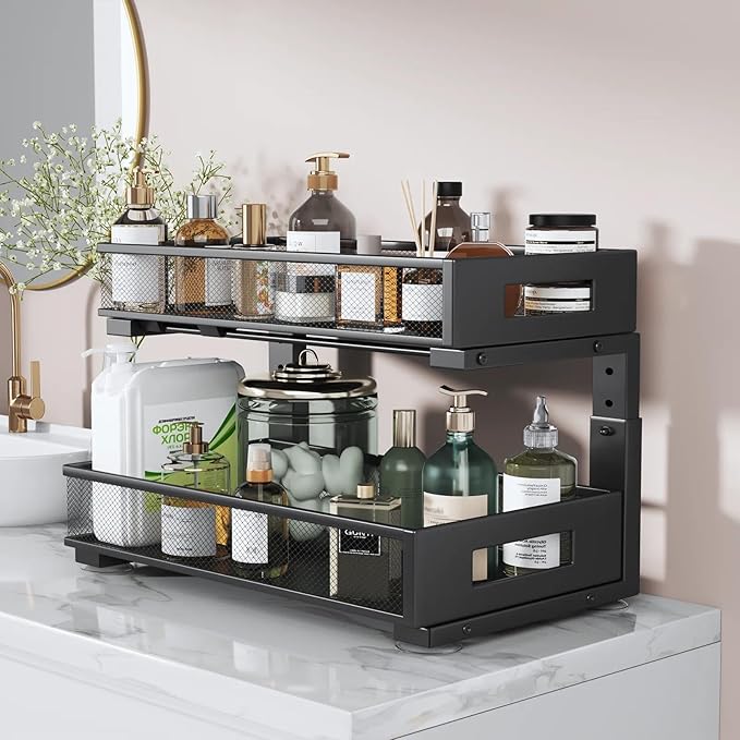 1 Pack 19IN Depth Under Sink Organizer, 2-Tier Pull Out Cabinet Organizer With Smooth Circular Rail, Large Capacity Metal Mes