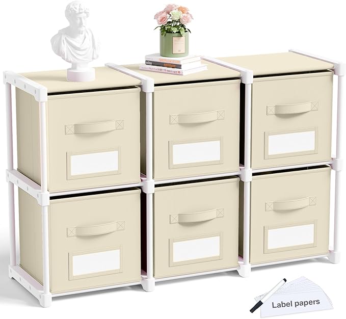 Geelin 6 Cube Storage Organizer with Fabric Bins and Labels 11 Inch, Fabric Collapsible Cubby Clothes Storage Drawer Dresser 