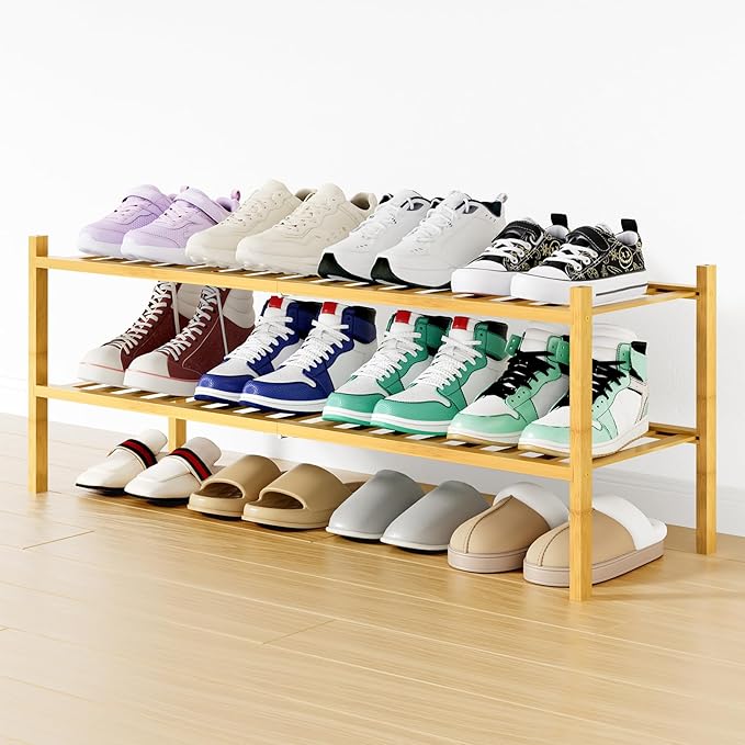 Smiry Shoe Rack, 2 Tier Long Bamboo Shoe Organizer, Stackable Free Standing Wooden Shoe Storage Shelf for Closet, Entryway, F
