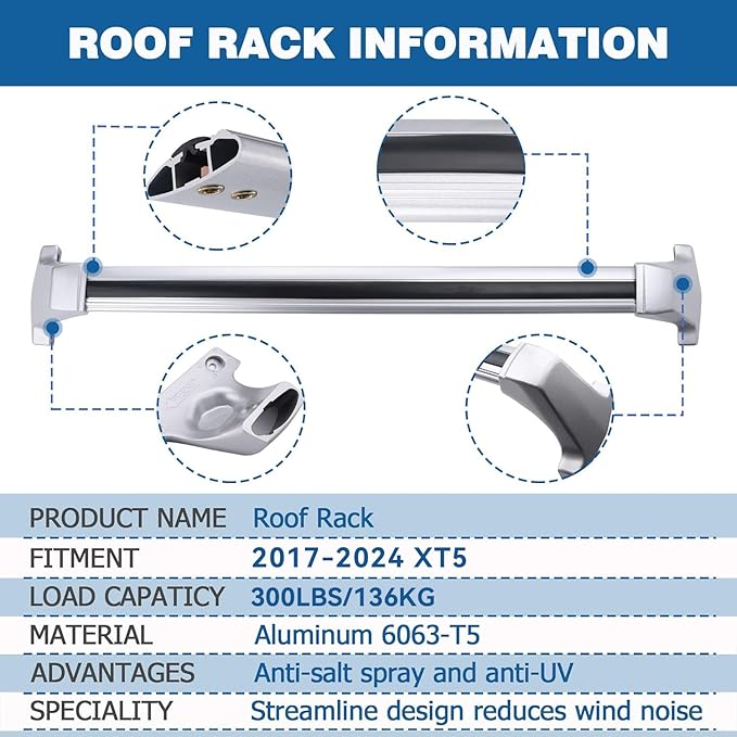 300Lbs Roof Rack Crossbars Compatible with Cadillac XT5 2017 2018 2019 2020 2021 2022 2023 2024 2025 2026, Aluminum Cross Bar for Rooftop Cargo Carrier Luggage Kayak Bicycles Snowboard