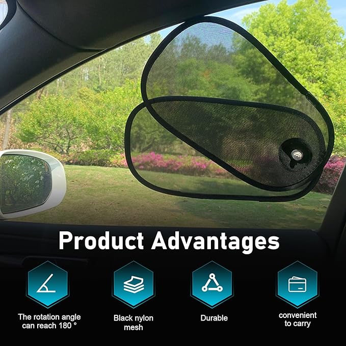 2PCS Car Side Windows Shades, Anti-glare Suction Cup Door Side Sunshade, Adjustable & Rotatable Baby Sunshade, Universal for Driver Passenger Rear Windows (Black)