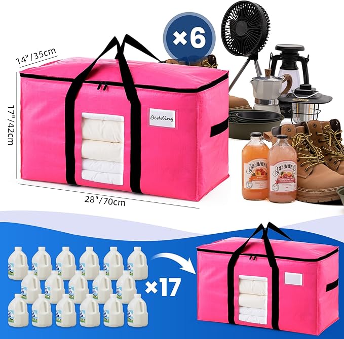 TAILI 6 Pack Pink Extra Large Moving Bags, Heavy Duty Totes with Visible Window, Wrap Around Handles, Space-Saving Storage So