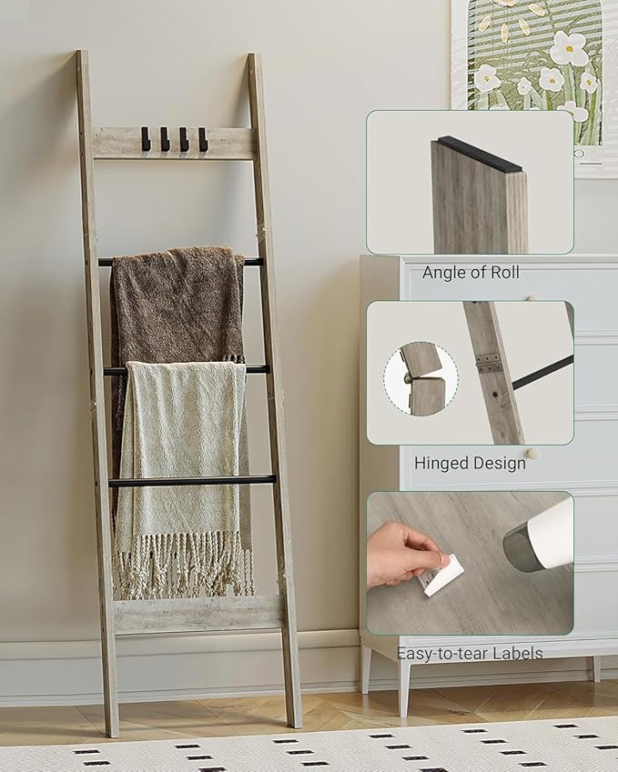 Hzuaneri Blanket Ladder for Living Room, Decorative Quilt Rack with 4 Removable Hooks, 5-Tier Farmhouse Ladder Holder Shelf O