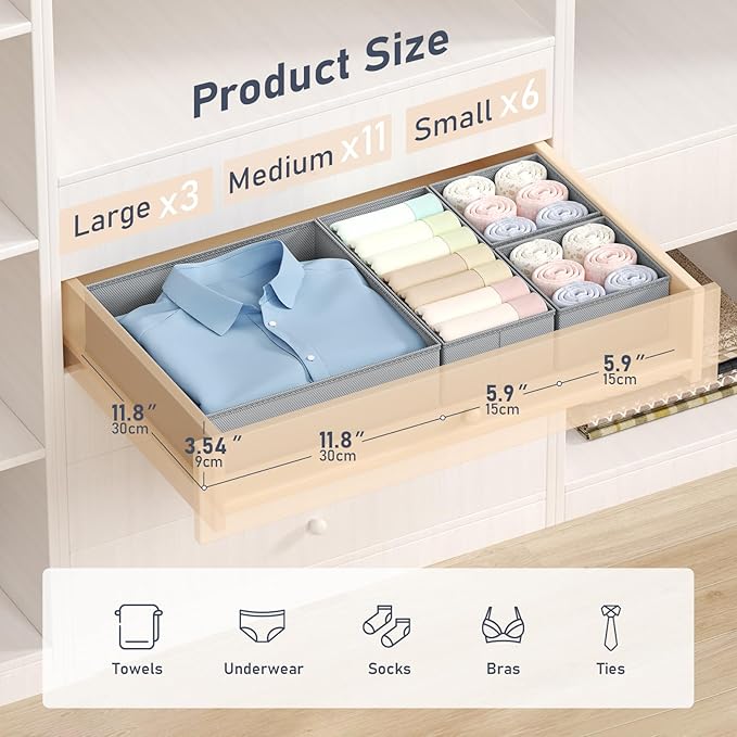 DIMJ Drawer Organizer Clothes - 20 Pack Closet Drawer Organizer Bins for Baby Clothes Storage, Fabric Dresser Organizer for N