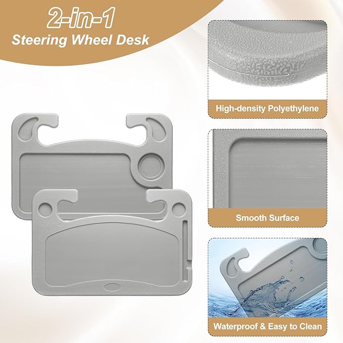 HARFINGTON 2 Pcs 2 in 1 Car Steering Wheel Tray Car Food Trays Auto Steering Wheel Under Table Desk for Eating Food Drink Laptop Writing Work, Grey