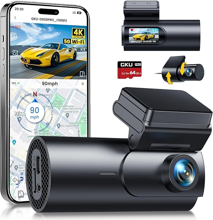 GKU Dash Cam Front and Rear Camera,4K+1080P, 5.8GHz WiFi & GPS Dash Camera for Cars,with 64G SD Card,1.47" Display Dashcam, 2