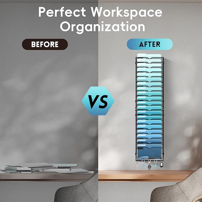 21-Tier Hanging Wall File Organizer with 5 Hooks, Wall File Holder with Labels, Vertical Wall Mount Mail Organizer for Papers
